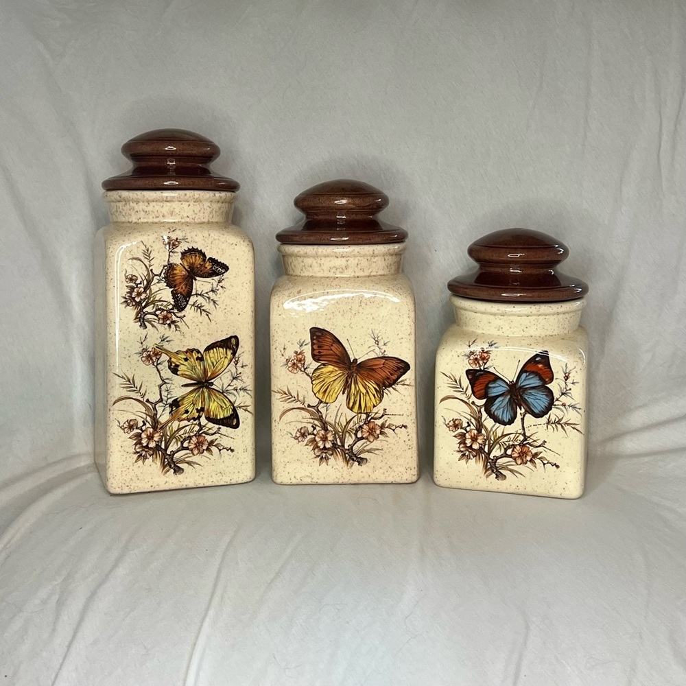 Butterfly Design Ceramic Canister Set - Cream and Brown